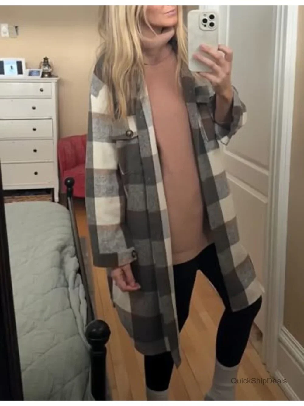 Women's Plaid Flannel Shacket Long Sleeve Button Down Lapel Collar Fuzzy